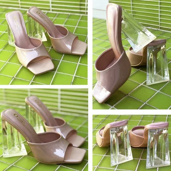 NEW Patent Clear Triangle High Block Heel Square Toe Slip On Sandals Mules Shoes - Picture 10 of 10